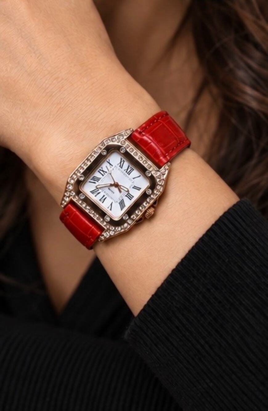 Red Faux Leather Rhinestone Quartz Watch New Battery